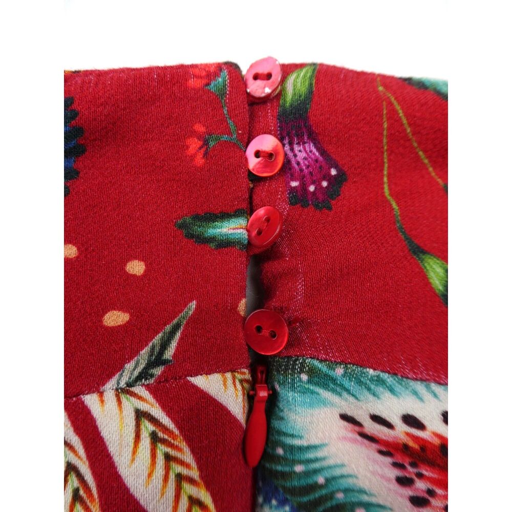 Farm Rio Red Tropical Winterleaf Jumpsuit Deep V Long Sleeve Slant Pockets M - Picture 6 of 10